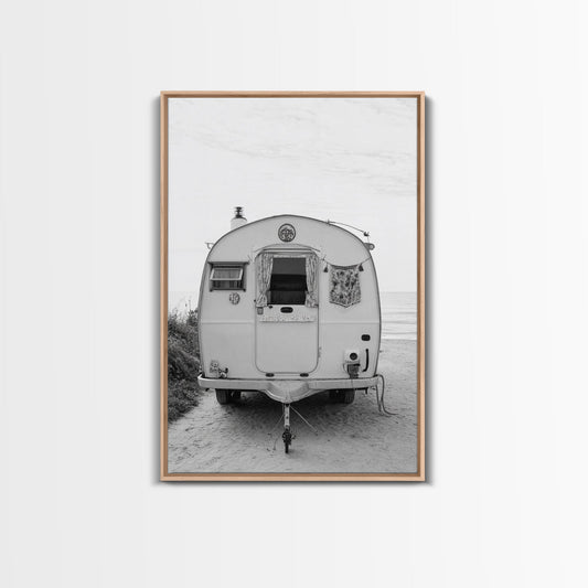 Camper, Vintage, Beach, Boho - Coastal trailer life, Framed Canvas Print, retro decor, great bedroom or travel-inspired office art, black white