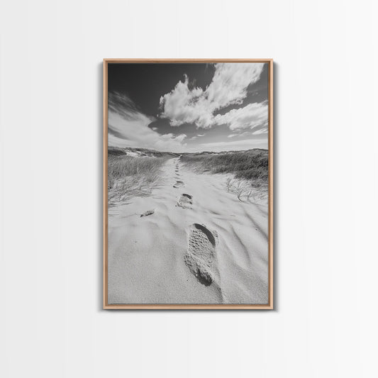 Desert Footprints Path, Dune Art, Wanderlust Vibes, Monochrome Landscape, Framed Canvas Print, Bedroom Wall Decor, Minimalist Travel