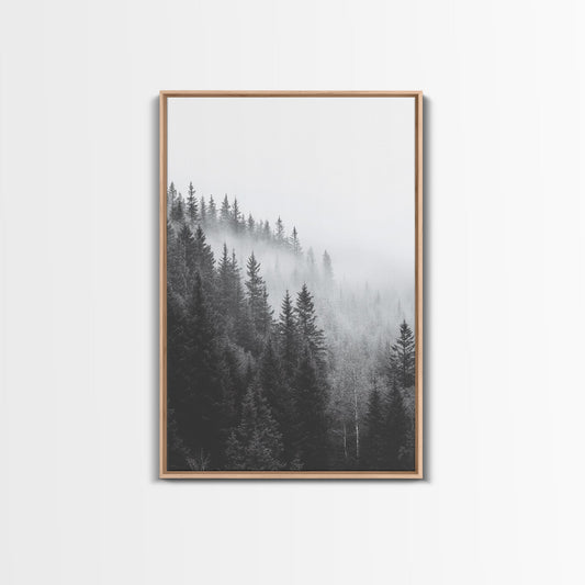 Misty Forest, Pine Trees, Foggy Morning, Canvas Print, Moody Nature Wall Art, Nordic Bedroom Decor, Monochrome Forest Landscape