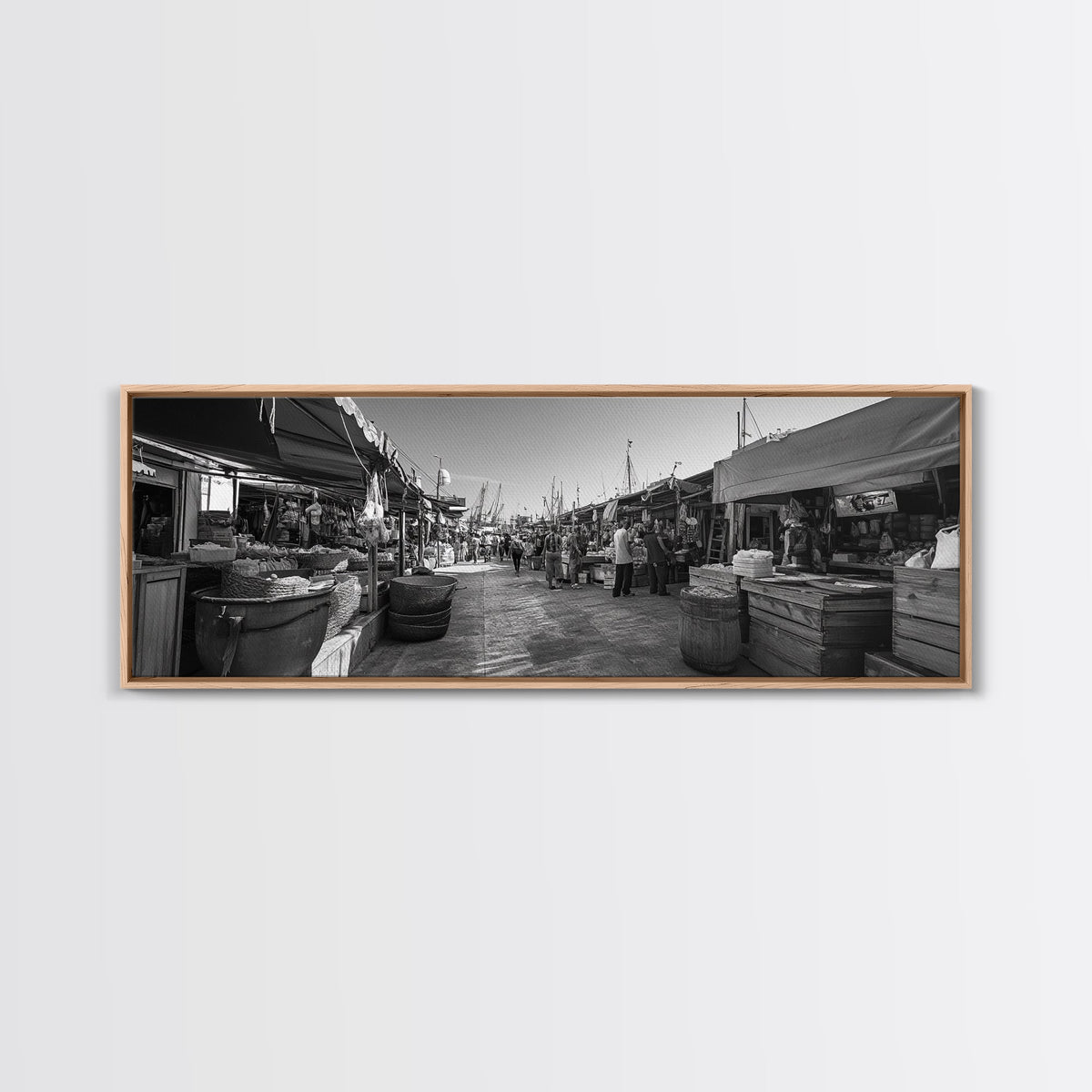 Mediterranean Market Scene, Travel Wall Decor, Rustic Street View, Framed Canvas Print, Kitchen Wall Art, Black and White Photography