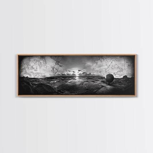 World Map, Globe Horizon, Explorer’s Dream, Canvas Print, Travel Wall Art, Surreal Photography, Study Room Adventure Decor