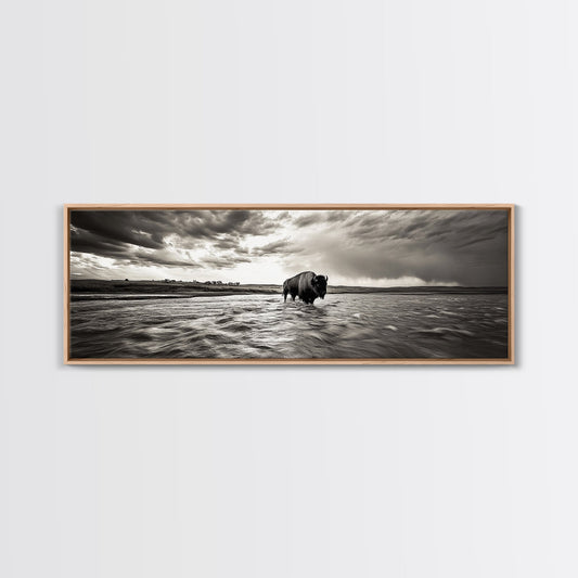 Bison River, Prairie Storm, American West, Framed Canvas Print, Rustic Nature Art, Fall Living Room Decor, Wildlife Photography