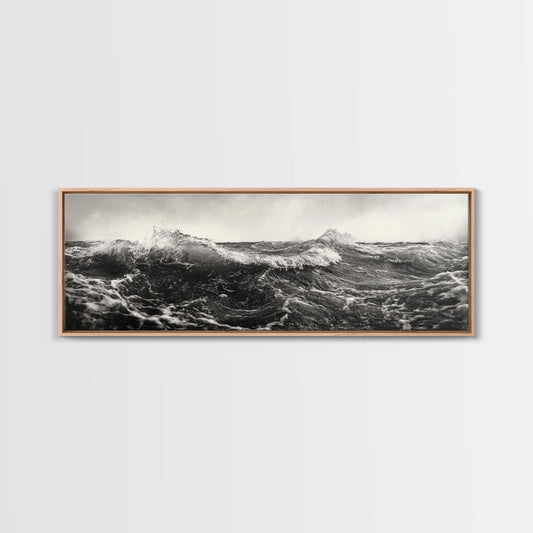 Ocean Wave, Stormy Sea, Black and White Nautical, Framed Canvas Print, Bold Coastal Art, Living Room Wall Art, Marine Photography