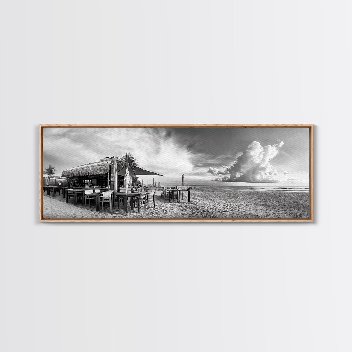 Seaside Bar, Beach Café, Oceanfront Dining, Cloudy Sky, Framed Canvas Print, Kitchen Wall Art, Black and White Tropical Art, Travel Decor