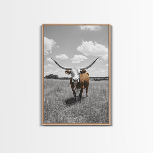 Longhorn Steer, Texas Plains, Rustic Bull, Western Framed Canvas Print, Farmhouse Wall Art, Country Ranch Decor, Fall Color Accent