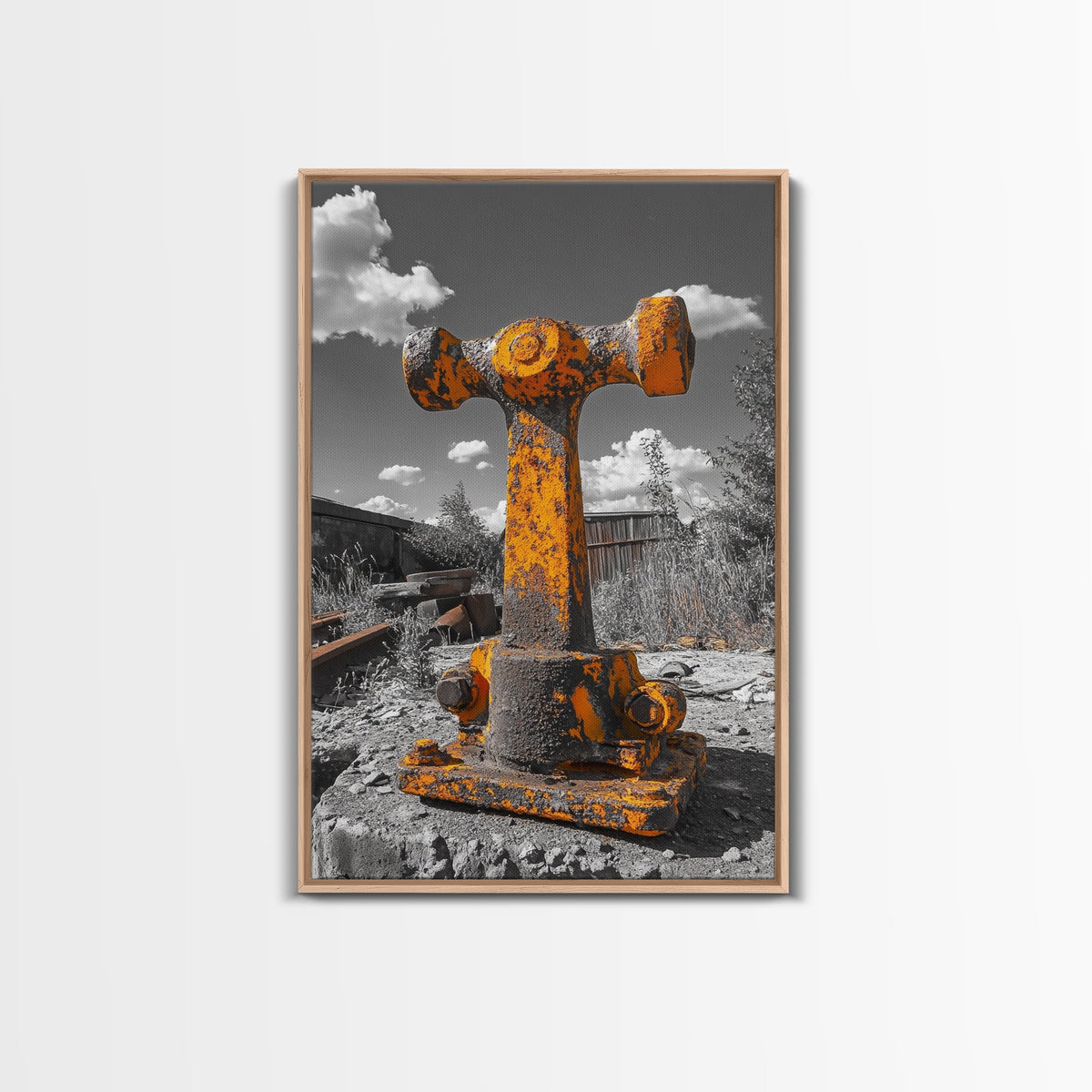 Rusty Bolt, Yellow Steel, Industrial Contrast, Framed Canvas Print, Garage Decor, Workshop Wall Art, Urban Grunge Photography