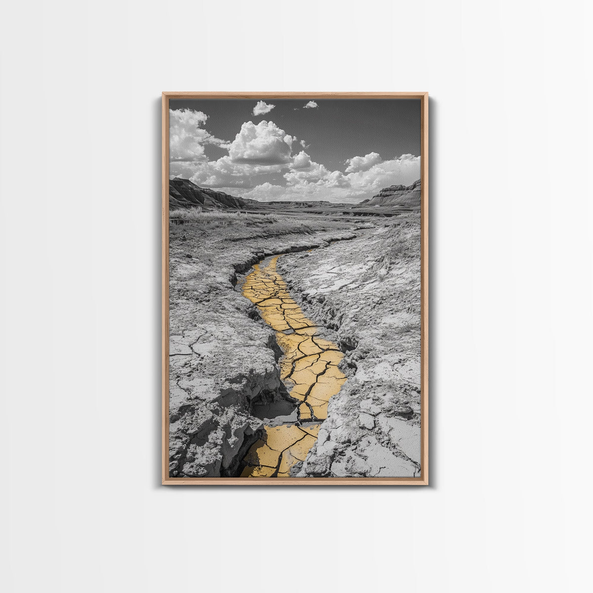 Desert Riverbed, Yellow Crack Trail, Dry Earth Path, Framed Canvas Print, Southwestern Wall Art, Minimalist Nature Decor, Earth Tone Style