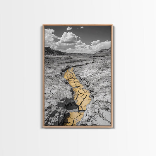 Desert Riverbed, Yellow Crack Trail, Dry Earth Path, Framed Canvas Print, Southwestern Wall Art, Minimalist Nature Decor, Earth Tone Style