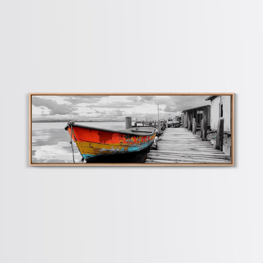 Fishing Boat, Rustic Dock, Weathered Wood, Vintage Vibes, Framed Canvas Print, Seaside Decor, Coastal Wall Art, Lake House Aesthetic