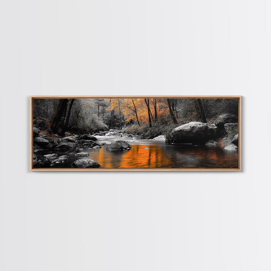 Autumn River Scene, Fall Forest Landscape, Tranquil Waters, Framed Canvas Print, Rustic Wall Art, Cabin Decor, Moody Photography