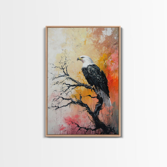 Eagle on Branch, textured painting, wildlife wall art, rustic art, autumn colors, farmhouse decor, framed canvas print, bird art