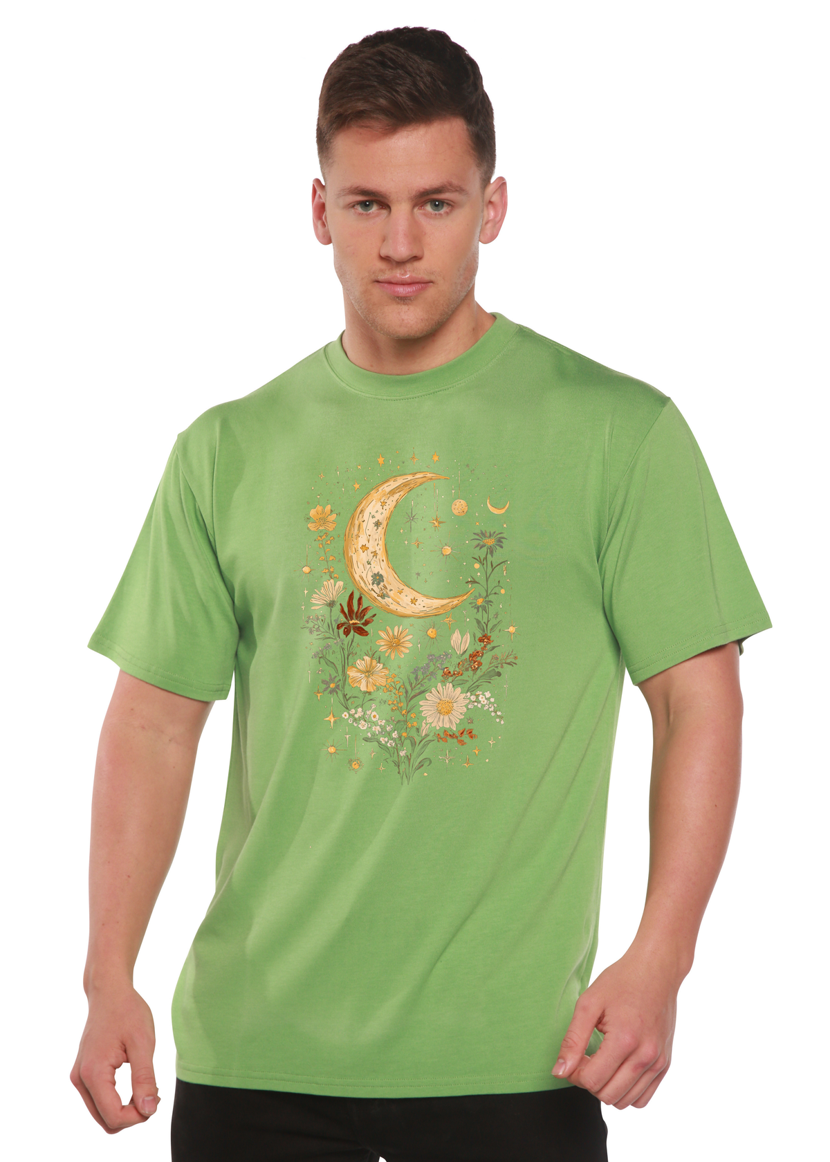 Celestial Moon Boho Flowers Vintage Unisex Bamboo/Cotton Graphic T-Shirt