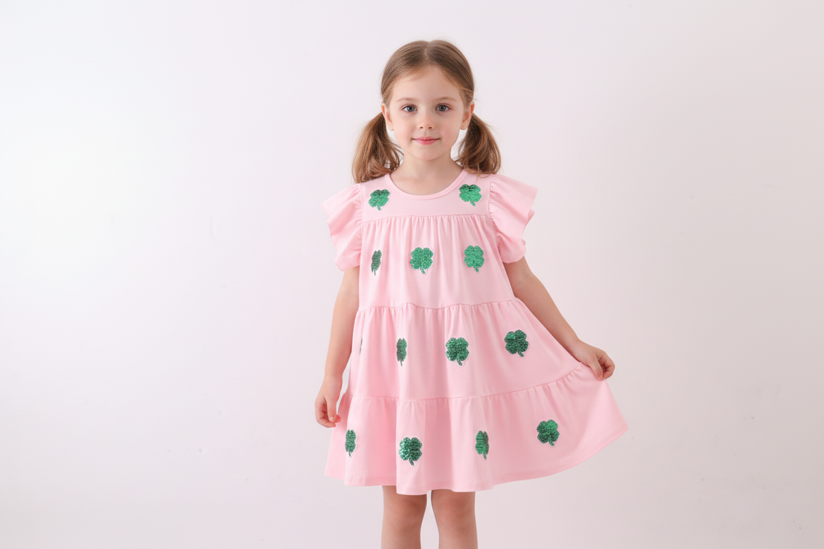 Pink clover sequin ruffle tiered dress