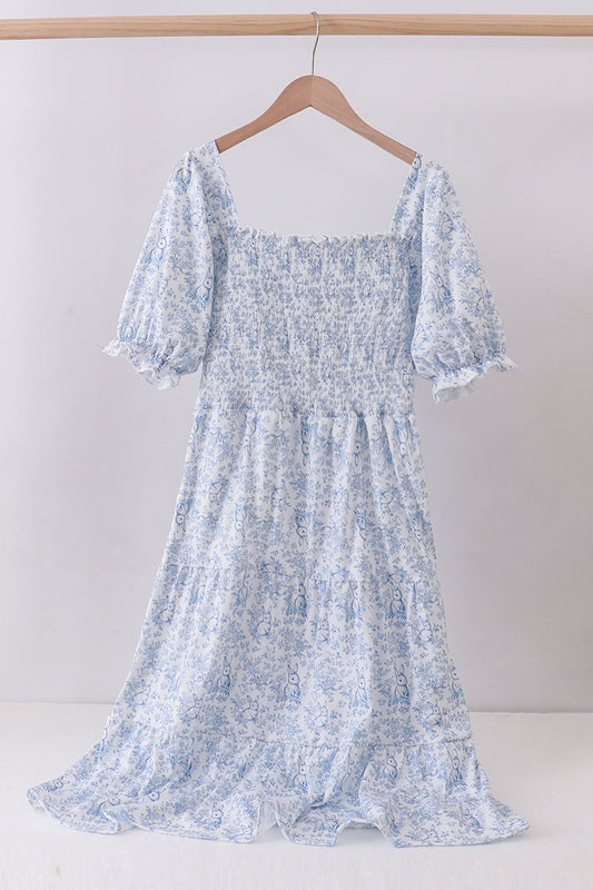 Navy smocked floral puff sleeve dress