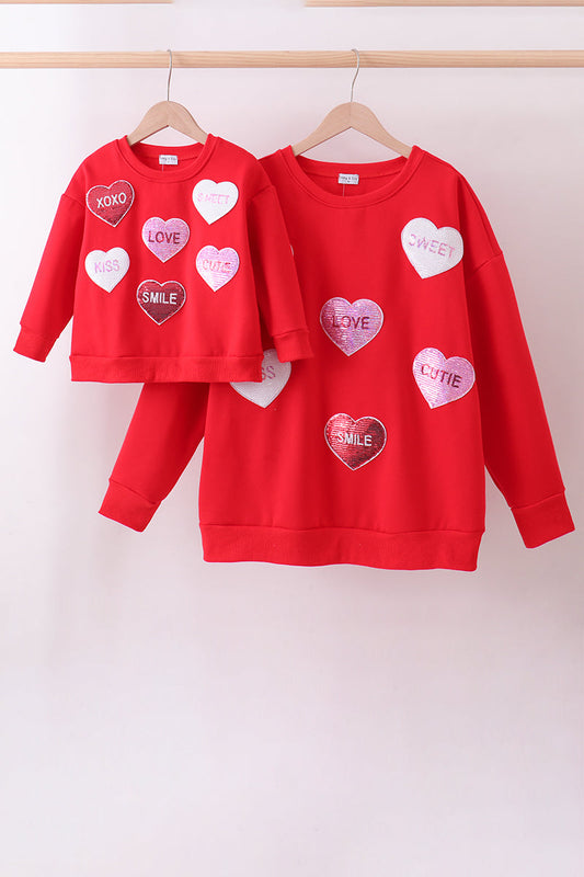 Red heart love smile sequin fleece mom&me sweatshrit