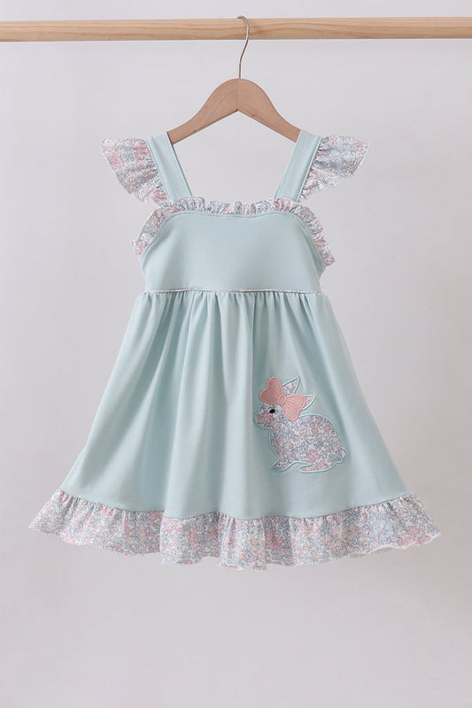 Blue floral bunny applique ruffle dress