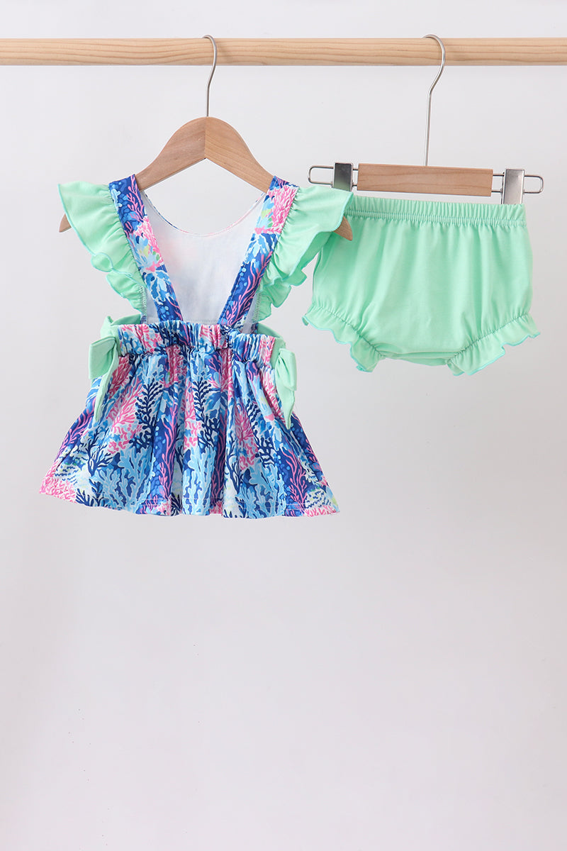Blue marine creature print ruffle bloomer set
