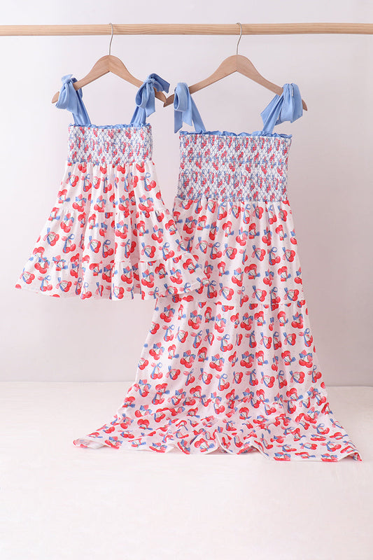 Blue cherry smocked tiered mom&me dress