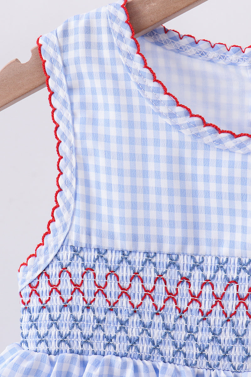 Blue flag smocked woven gingham dress