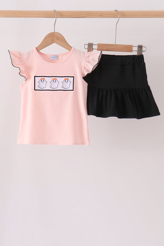 Pink ghost embroidery ruffle skorts set
