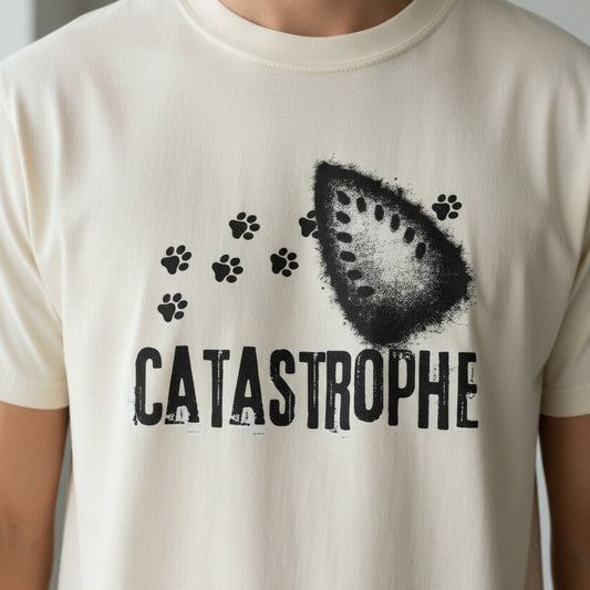Catastrophe Iron Burn Graphic T-Shirt | Funny Cat Pun Shirt | Distressed Grunge Cat Tee