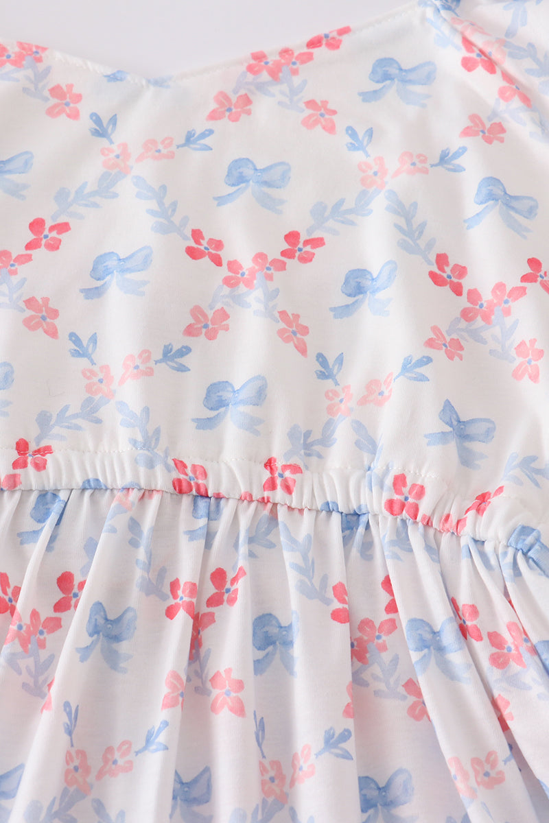 Blue bow lattice print mom&me dress