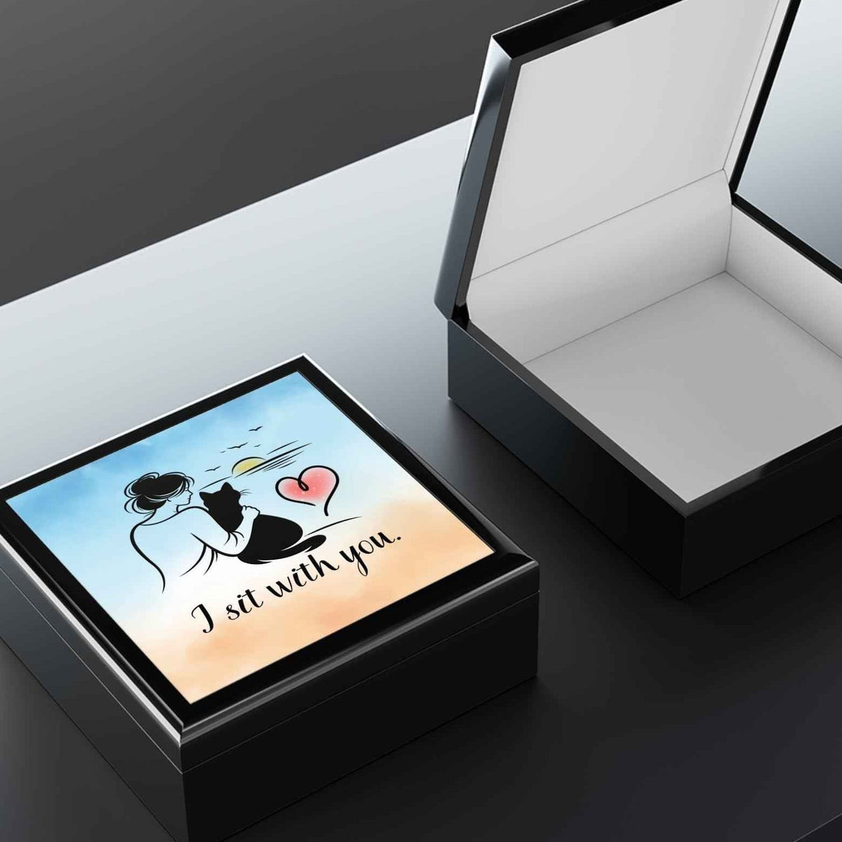 I Sit With You – Cat Silhouette Sunset Black Jewelry Box (Valentine Edition)