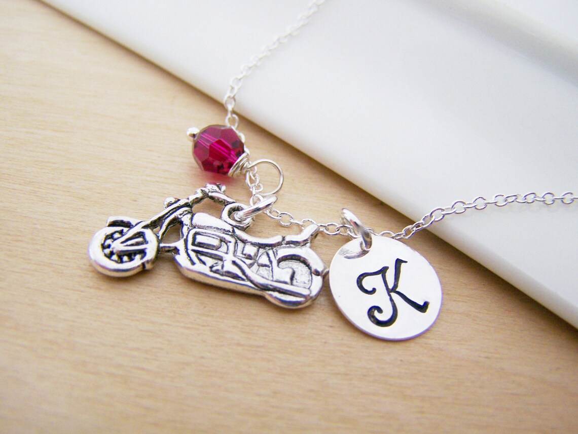 Personalized Motorcycle Necklace – Sterling Silver with Birthstone or Pearl