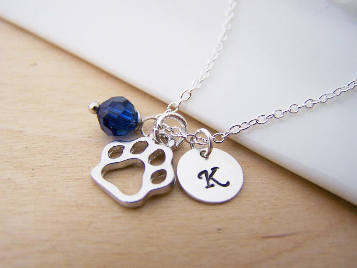 Paw Print Necklace – Sterling Silver with Birthstone & Initial Charm