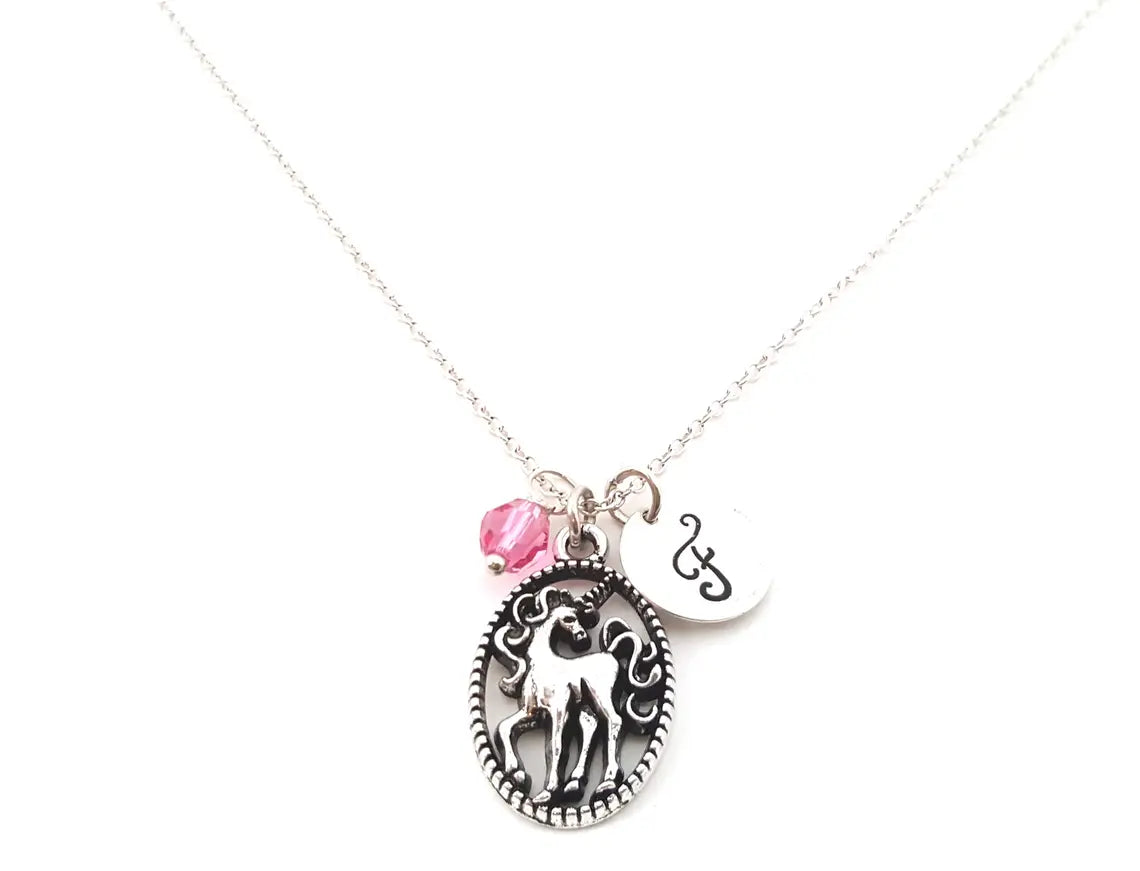 Unicorn Necklace – Sterling Silver with Birthstone & Initial Charm