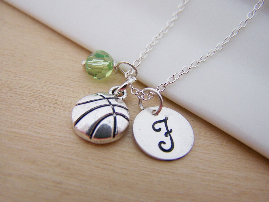 Basketball Necklace – Sterling Silver with Birthstone & Initial Charm