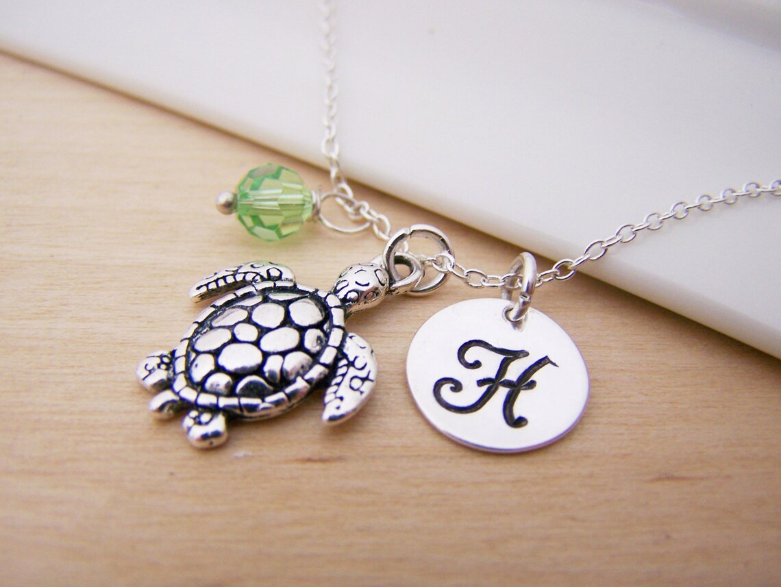 Sea Turtle Necklace – Sterling Silver with Birthstone & Initial Charm