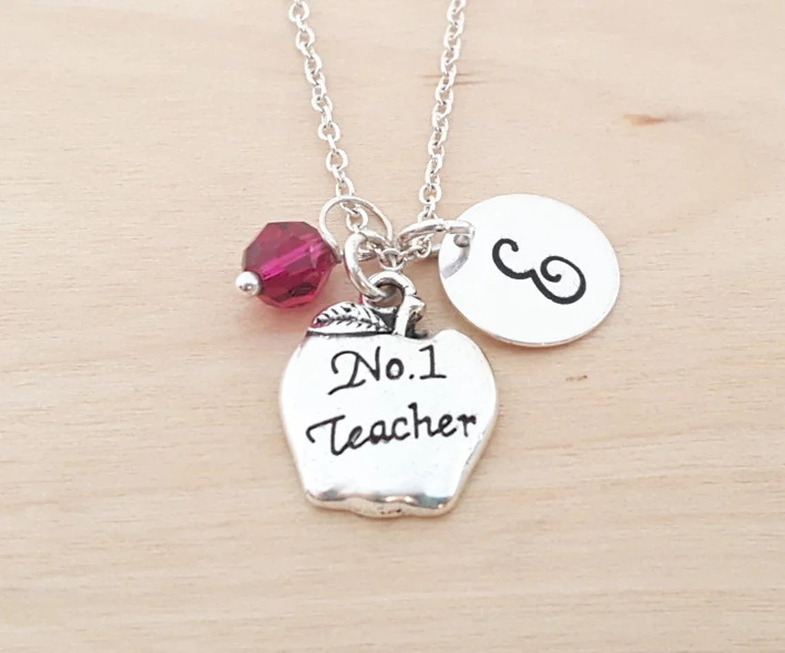 #1 Teacher Necklace – Sterling Silver Chain with Birthstone & Initial