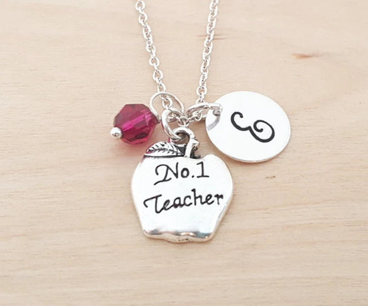 #1 Teacher Necklace – Sterling Silver Chain with Birthstone & Initial