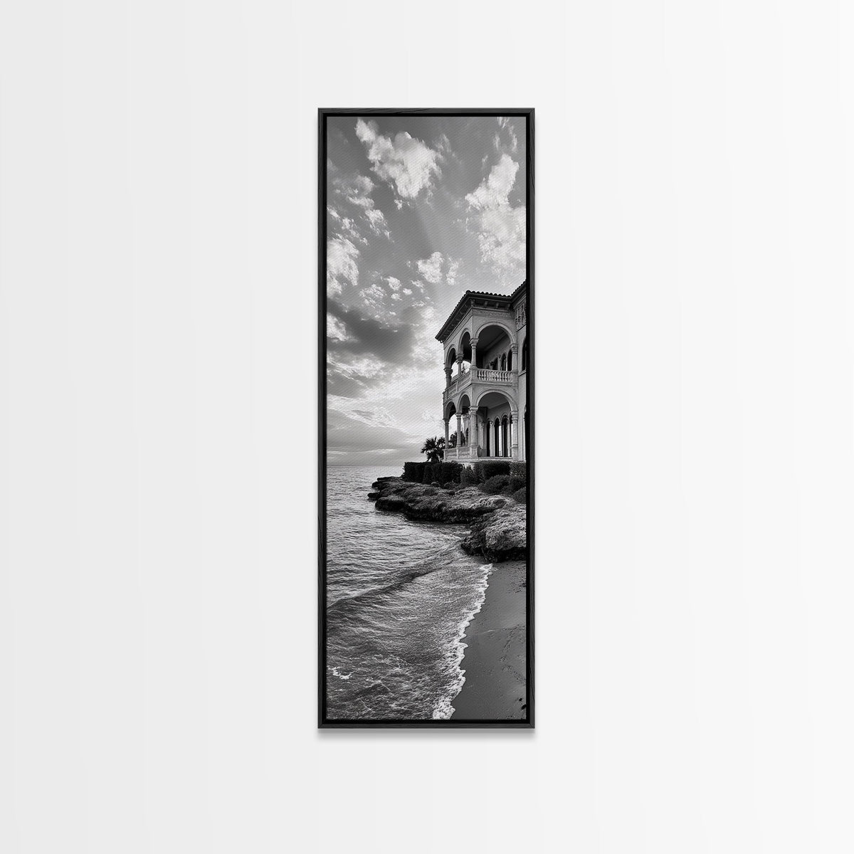 Italian Villa Coast, Seaside Architecture Print, Elegant Travel Decor, Framed Canvas Print, Dining Room Wall Art, Monochrome