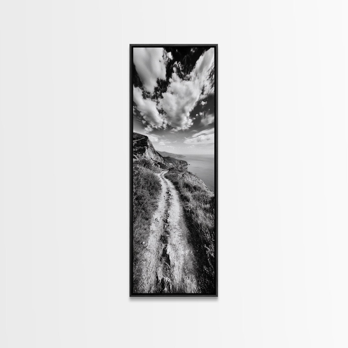 Cliffside Trail View, Path to Sea, Mountain Landscape, Framed Canvas Print, Wanderlust Decor, Office Wall Art, Adventure Travel Aesthetic