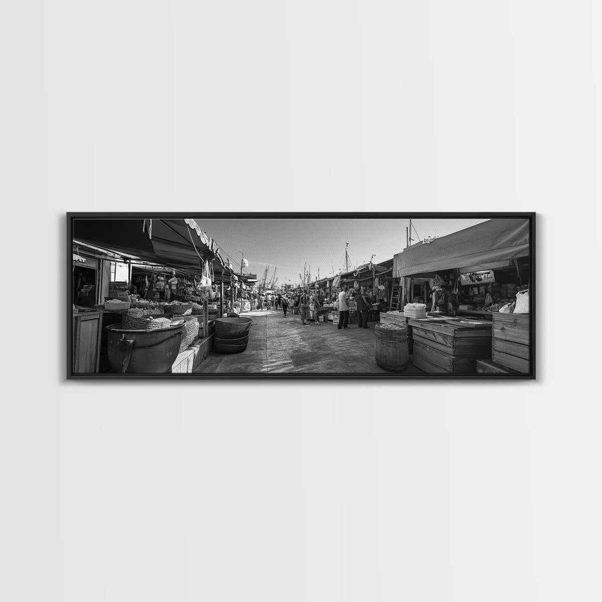 Mediterranean Market Scene, Travel Wall Decor, Rustic Street View, Framed Canvas Print, Kitchen Wall Art, Black and White Photography