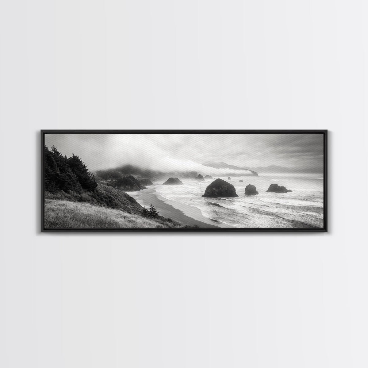 Pacific Coast, Misty Cliffs, Ocean Rocks, Moody Beach Scene, Canvas Print, Modern Nature Decor, Living Room Wall Art, Coastal Landscape
