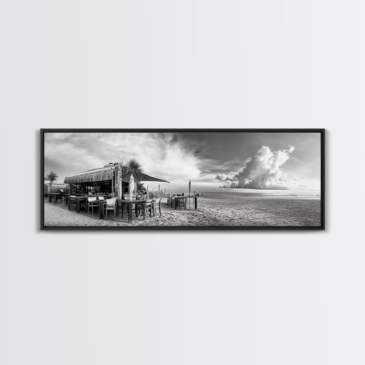 Seaside Bar, Beach Café, Oceanfront Dining, Cloudy Sky, Framed Canvas Print, Kitchen Wall Art, Black and White Tropical Art, Travel Decor