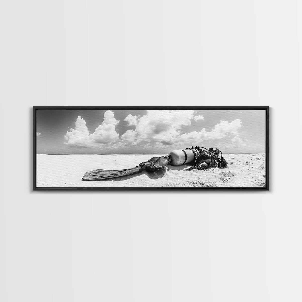 Scuba Gear, Deserted Beach, Ocean Explorer, Framed Canvas Print, minimalist beach decor, scuba diver gift, ocean wall art, travel lover art