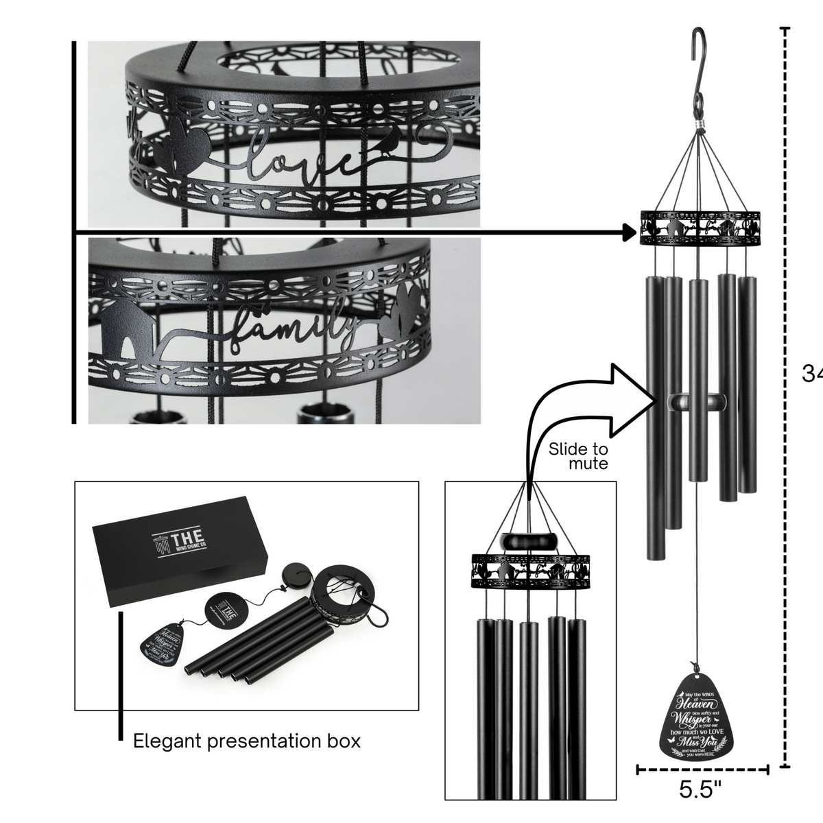 Gift-Bundle - Serenity Family-Love Memorial Wind Chimes, Thoughtful Gift For Special Occasions or Reflections 34"