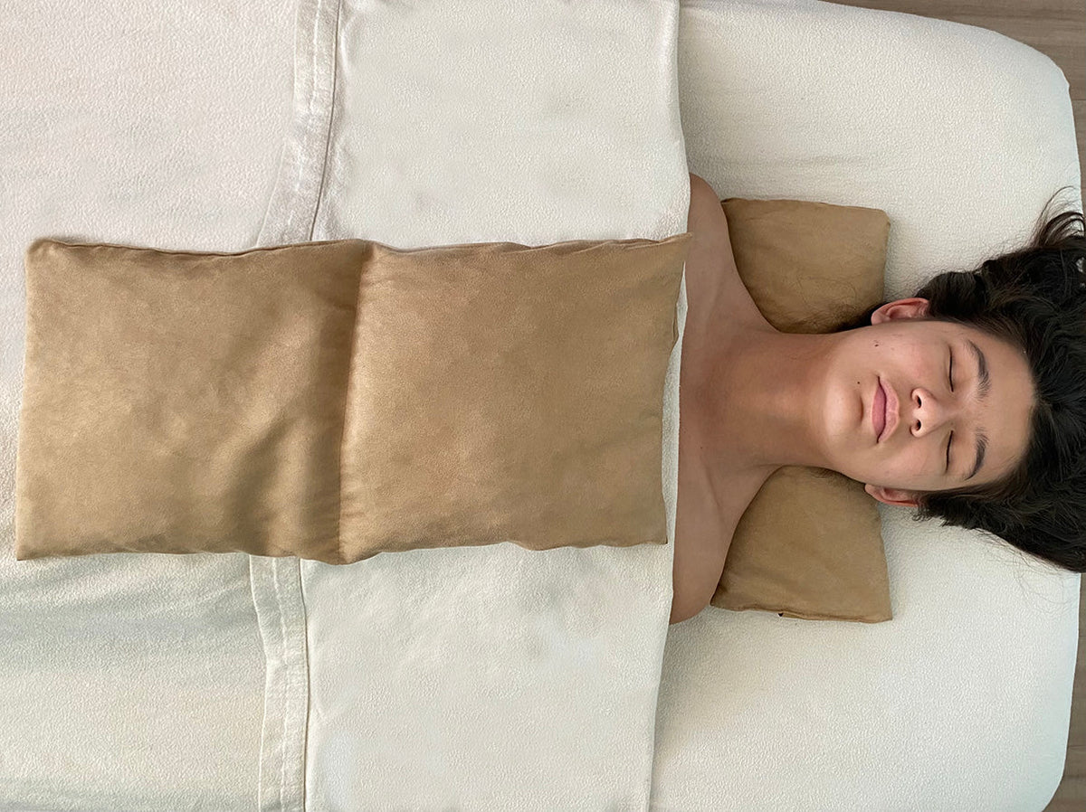 Double Square Cherry Stone Pillow in Tan Ultra-Suede