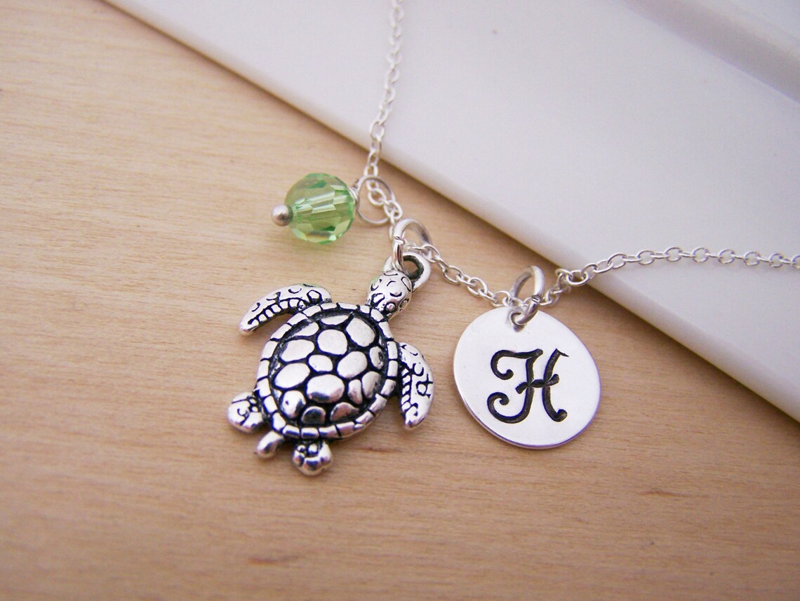 Sea Turtle Necklace – Sterling Silver with Birthstone & Initial Charm