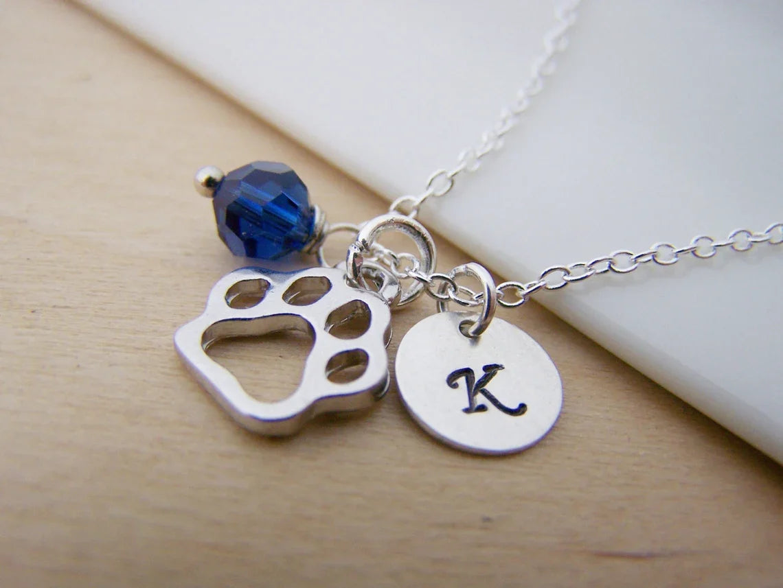 Paw Print Necklace – Sterling Silver with Birthstone & Initial Charm
