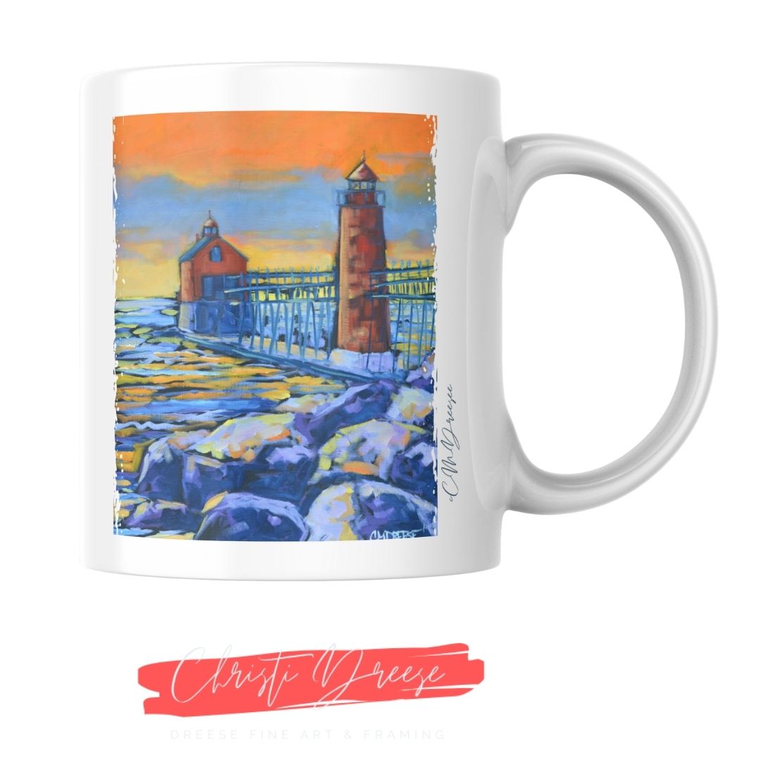 Drinkware -Grand Haven Lighthouse: Burning Sky, Quiet Shore