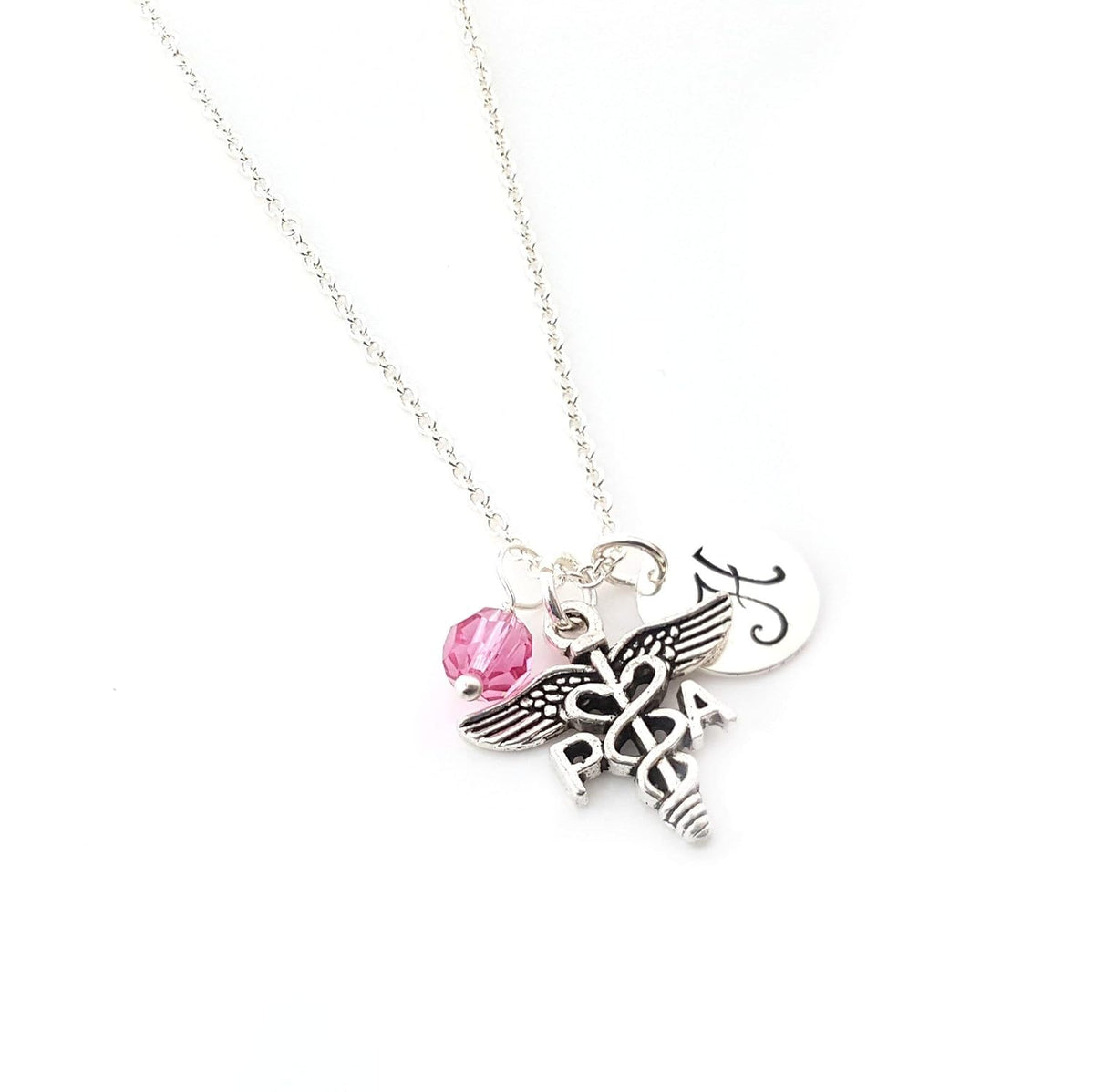 Physician Assistant (PA) Charm Necklace – Personalized Sterling Silver Jewelry with Initial & Birthstone or Pearl