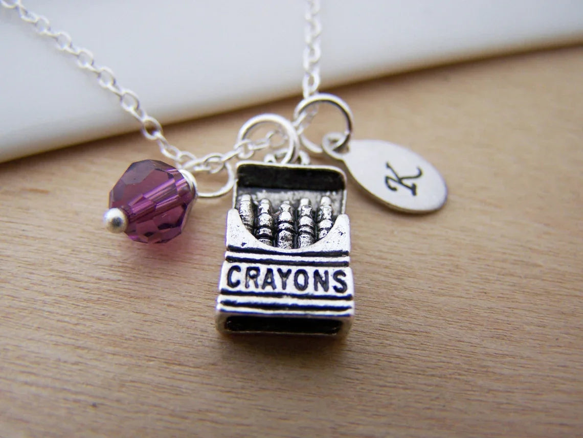 Personalized Crayon Necklace – Sterling Silver Chain with Birthstone & Initial