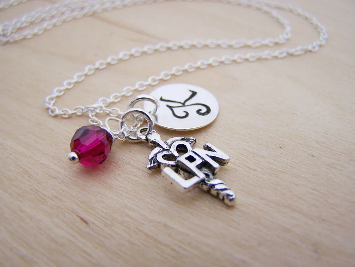 LPN Nurse Necklace – Sterling Silver with Birthstone & Initial Charm