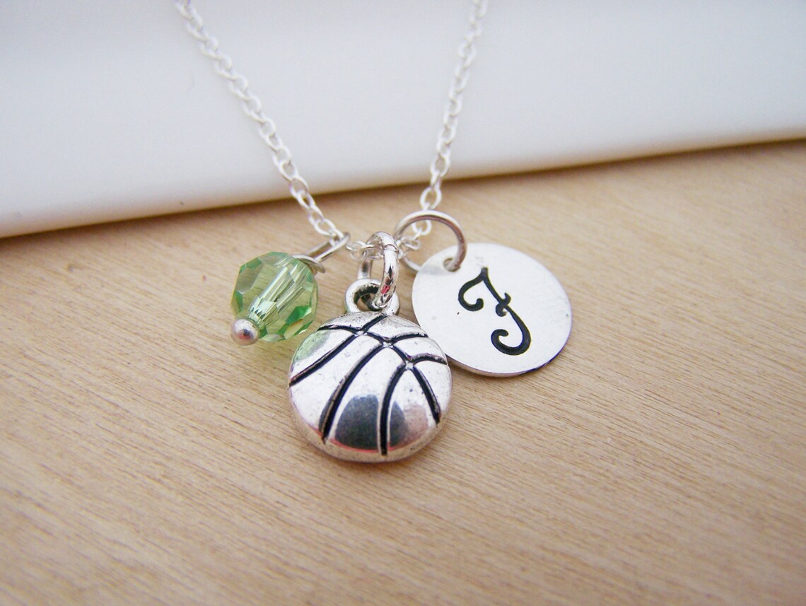 Basketball Necklace – Sterling Silver with Birthstone & Initial Charm