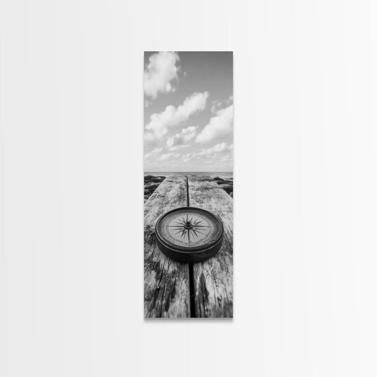 Vintage Compass, Weathered Wood, Ocean Horizon, Canvas Print, Nautical Wall Art, Study Room Decor, Travel Adventure Theme, Library Decor